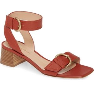 NWT Gianvito Rossi Red Leather Buckle Ankle Strap Block Heel Sandal 38
